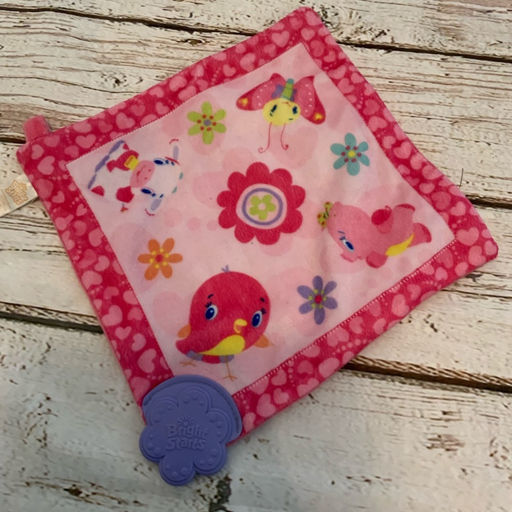 Bright Starts Pink Bird Cow Butterfly Teether Security Blanket Lovey Toy
